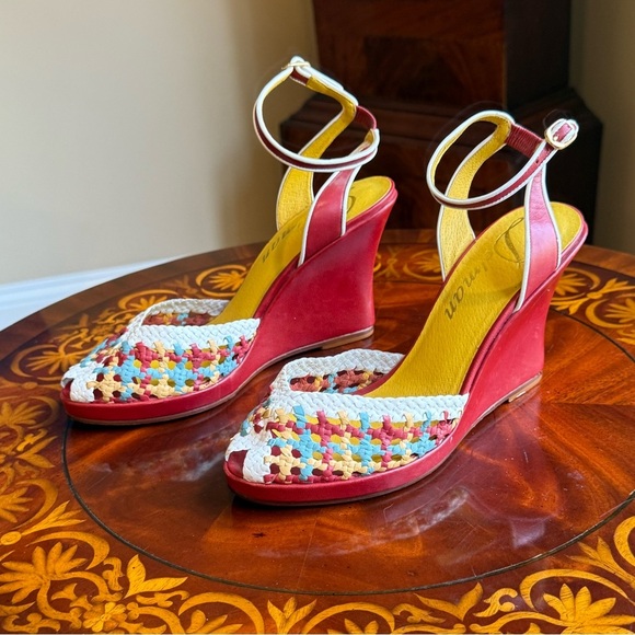 NWOT Delman Red/Yellow Leather Woven Peep toe Sandals 4” heel Size 8 MSRP $295 - Picture 11 of 13